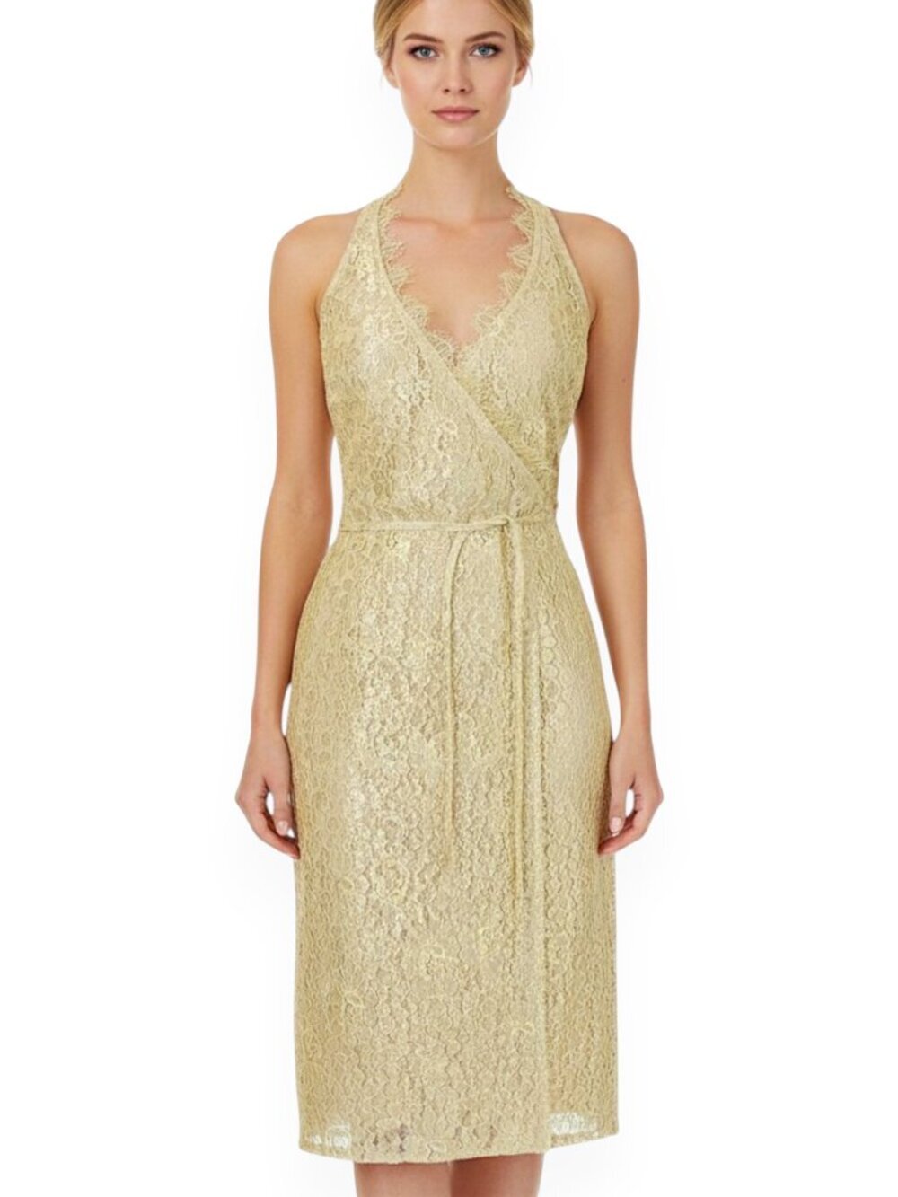 Chetta B Evening Gold Metallic Lace Wrap Style Cocktail Party Dress New NWT 2